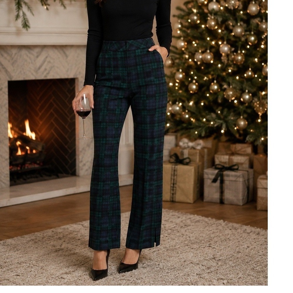 J.McLaughlin Plaid Trousers Women Size 0 Green Navy Black Watch Tartan Slit Hem